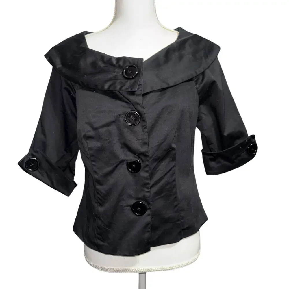 Vintage Black Portrait Collar Cropped Short Sleeve Jacket Blazer Zebra Lined SZ6 - Picture 3 of 13